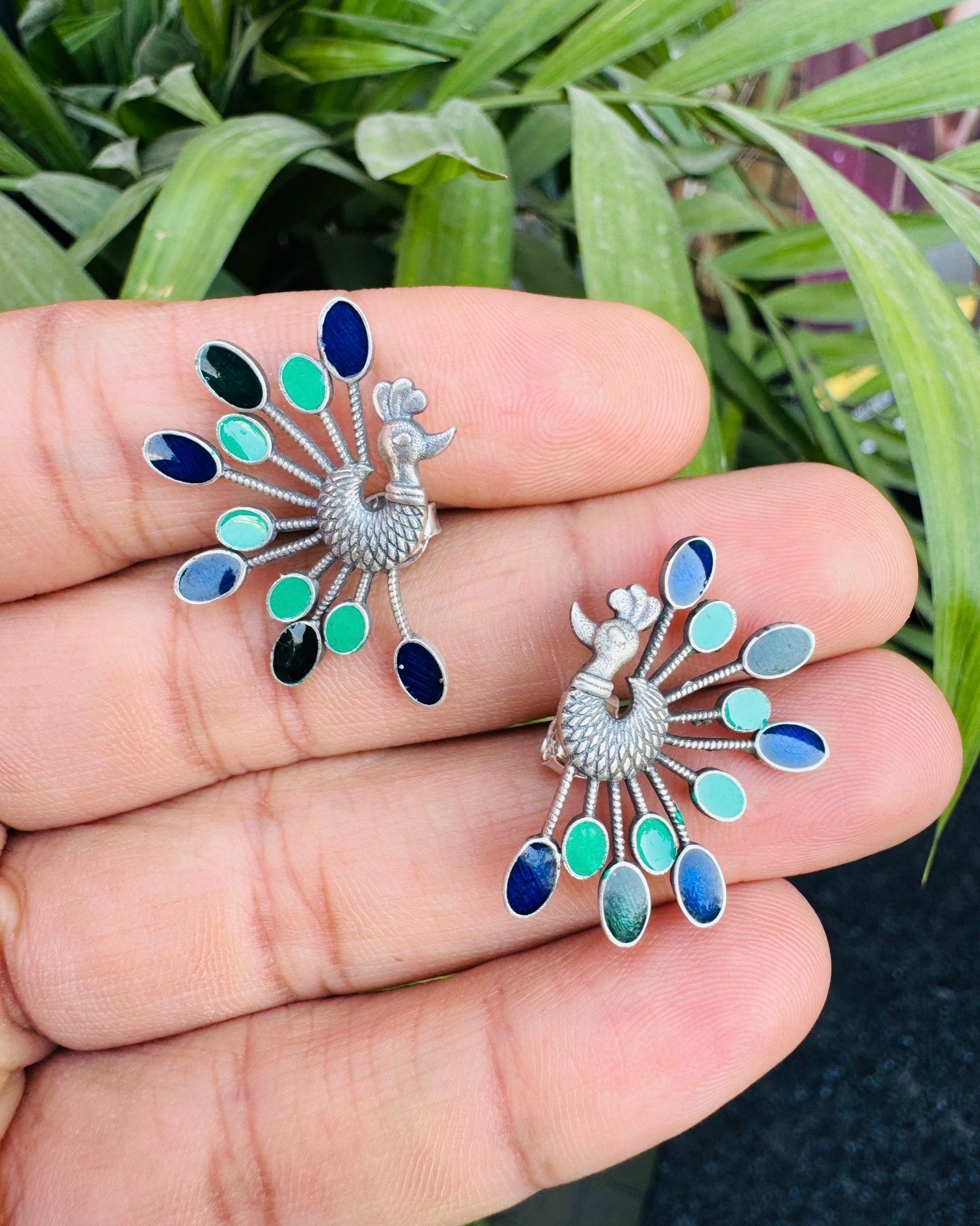 Mayoor enamel silver studs - 925 Silver Jewellery Meera Jaipur
