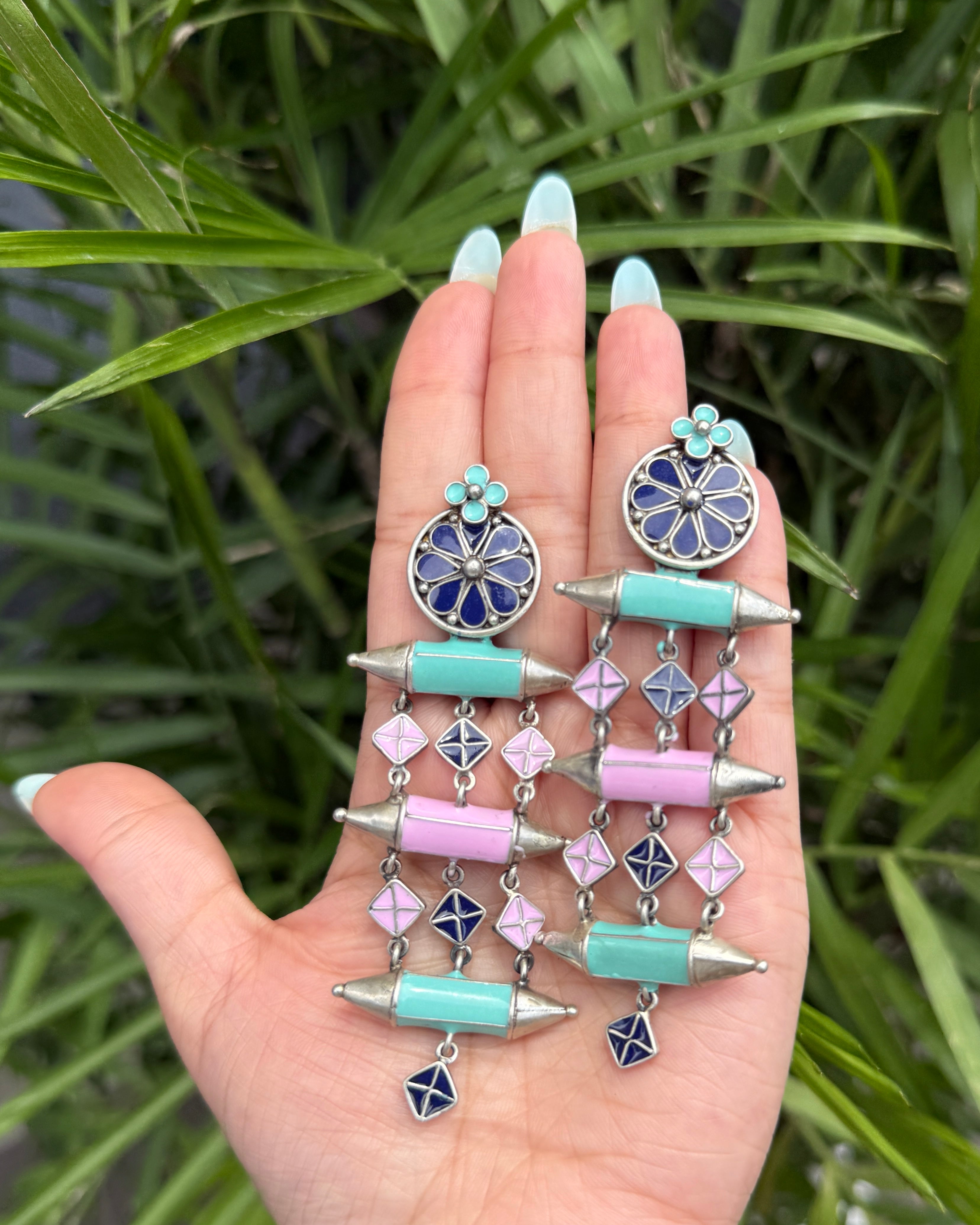 Enamel Long Earrings - 925 Silver Jewellery Meera Jaipur