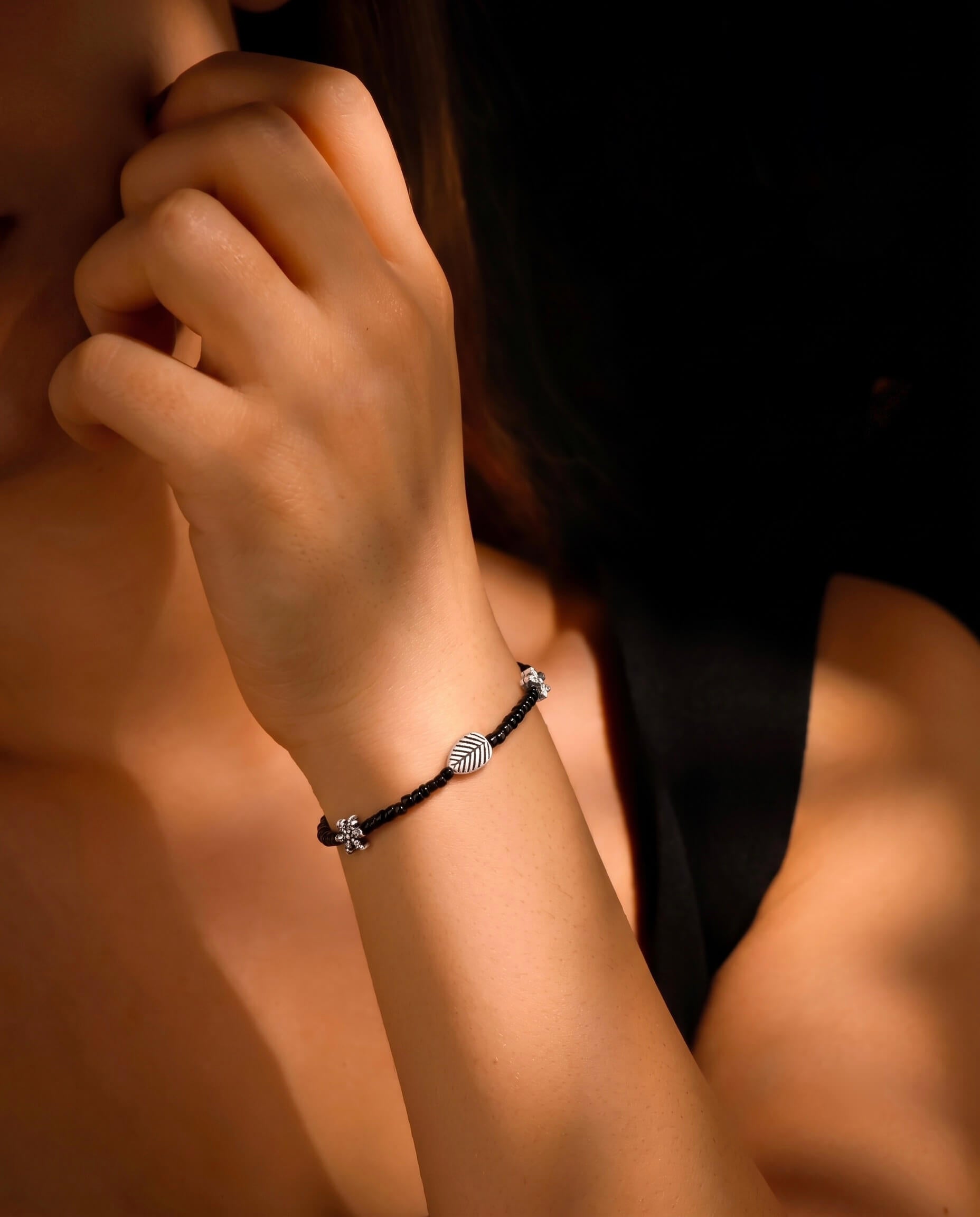 Leaf Black Bead Silver Bracelet 925 sterling silver meera jaipur