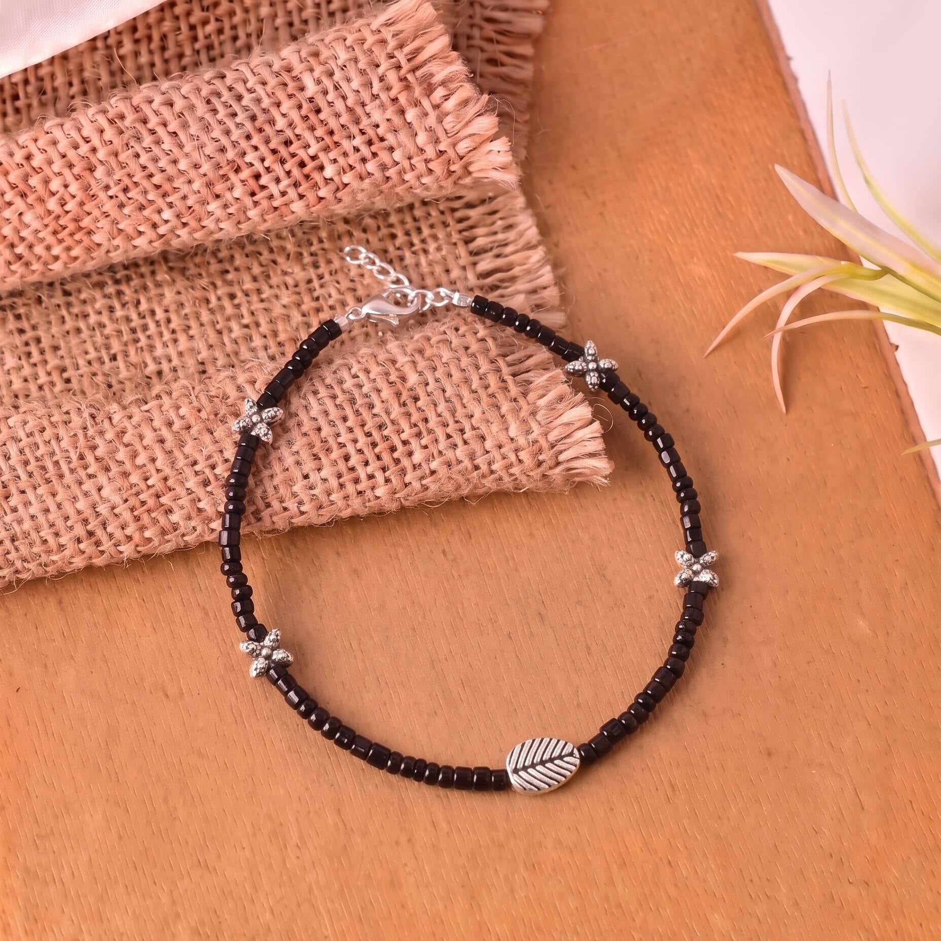 Leaf Black Bead Silver Bracelet 925 sterling silver meera jaipur