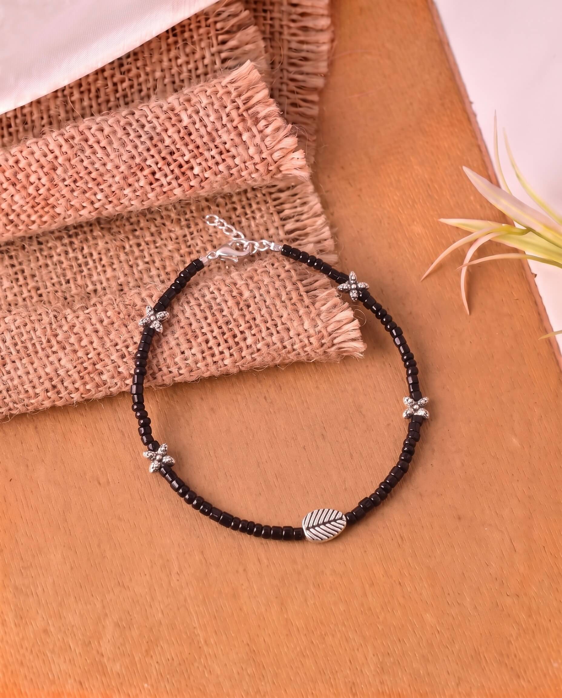 Leaf Black Bead Silver Bracelet 925 sterling silver meera jaipur