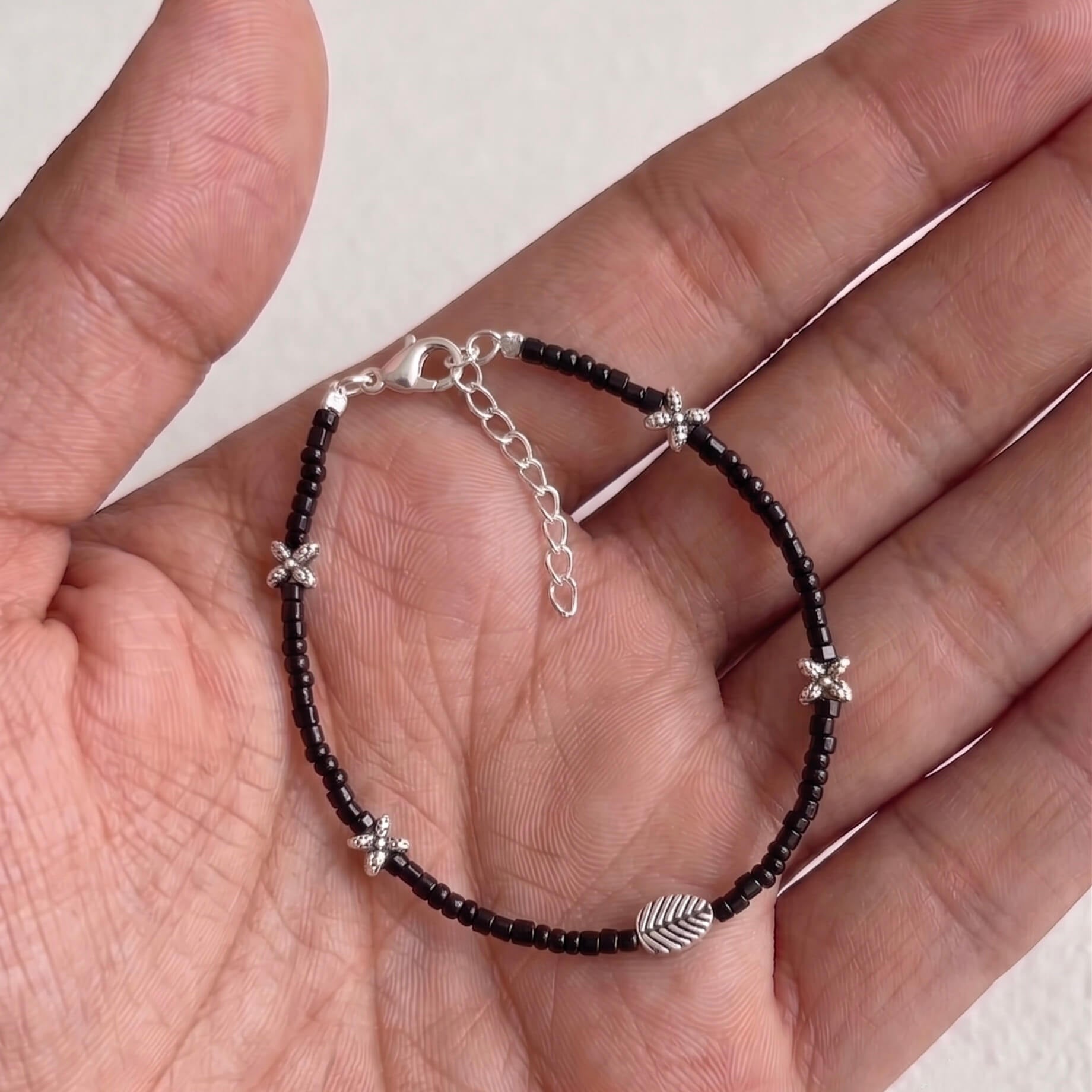 Leaf Black Bead Silver Bracelet 925 sterling silver meera jaipur