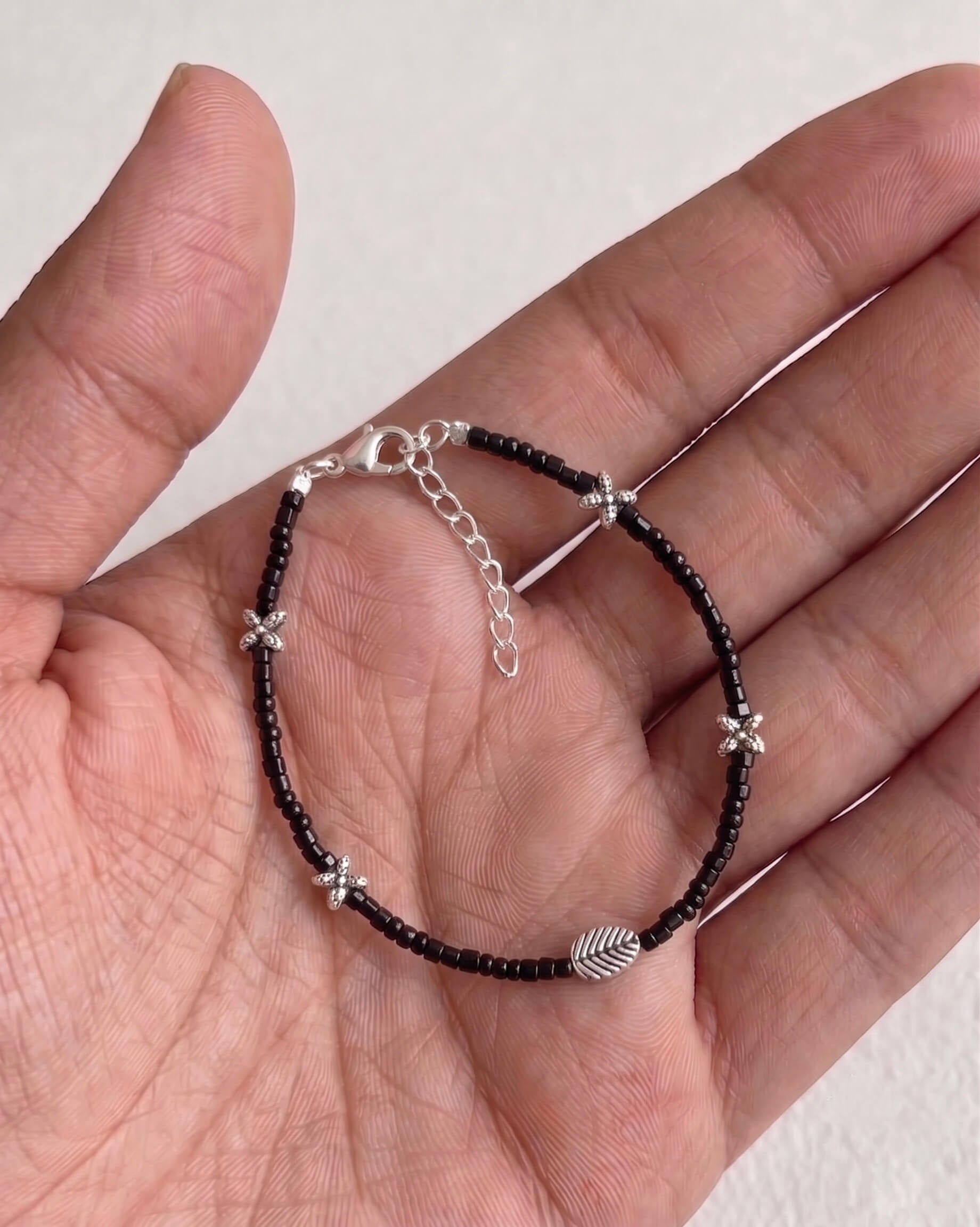 Leaf Black Bead Silver Bracelet 925 sterling silver meera jaipur