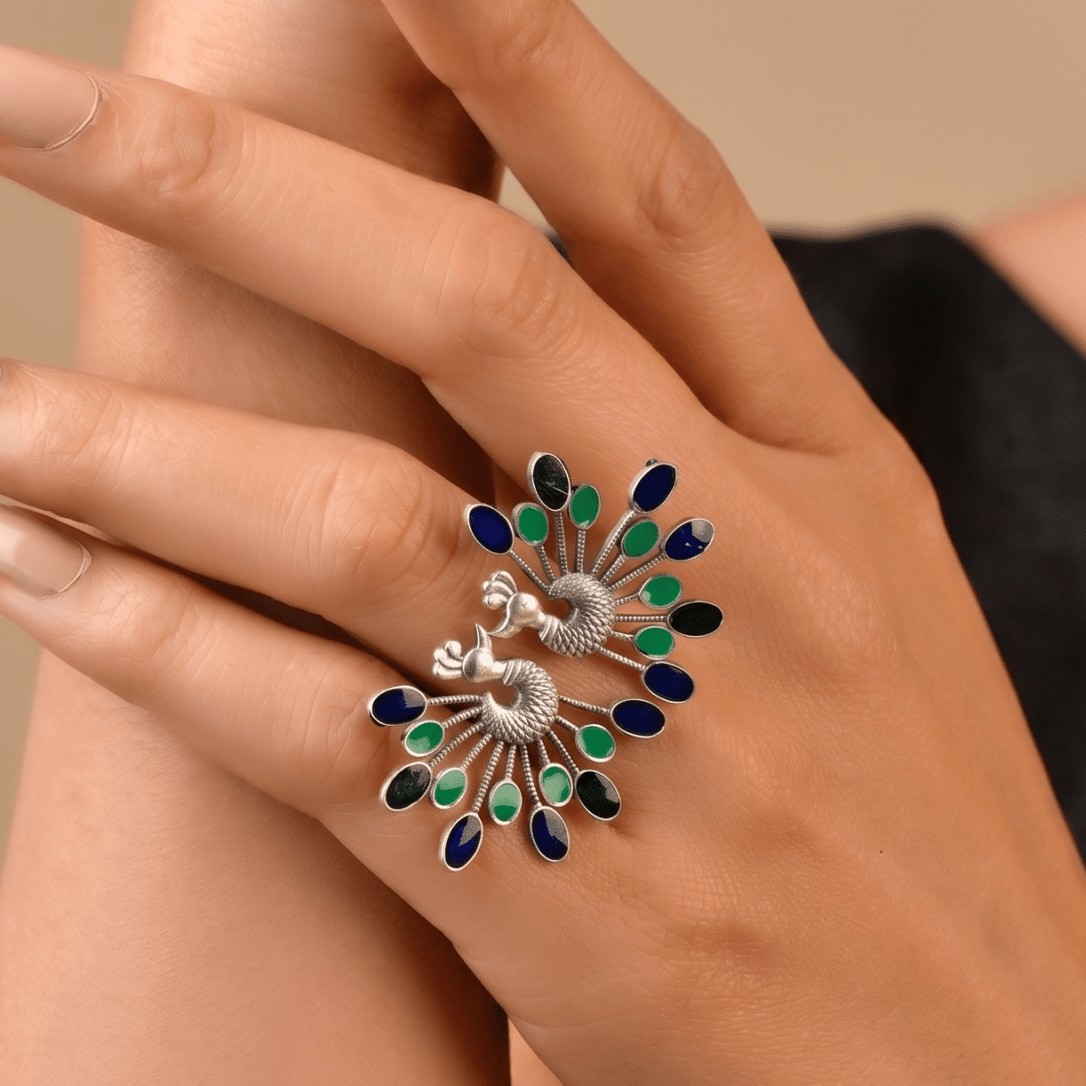 Mayoor Enamel Silver Ring - 925 Silver Jewellery Meera Jaipur