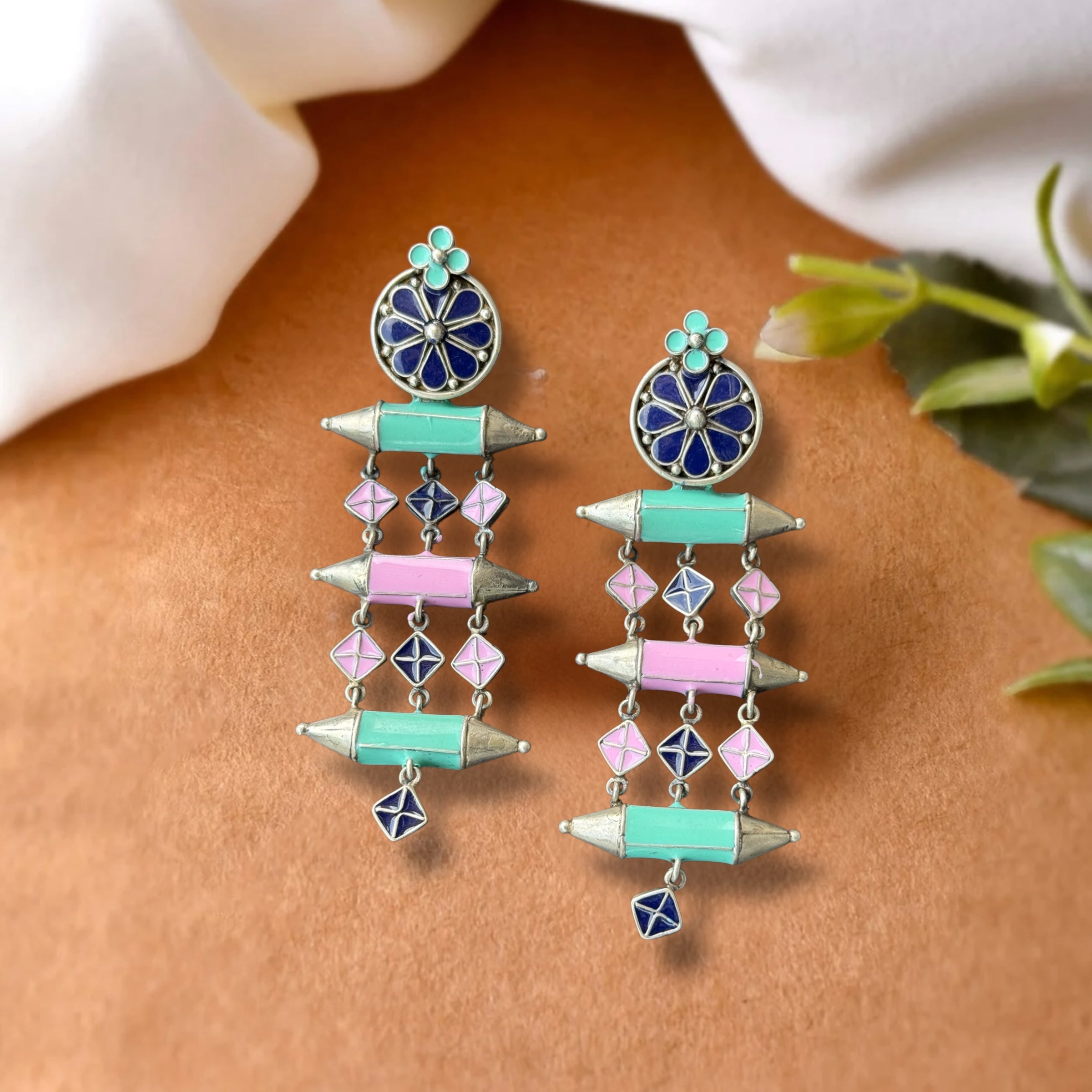 Enamel Long Earrings - 925 Silver Jewellery Meera Jaipur