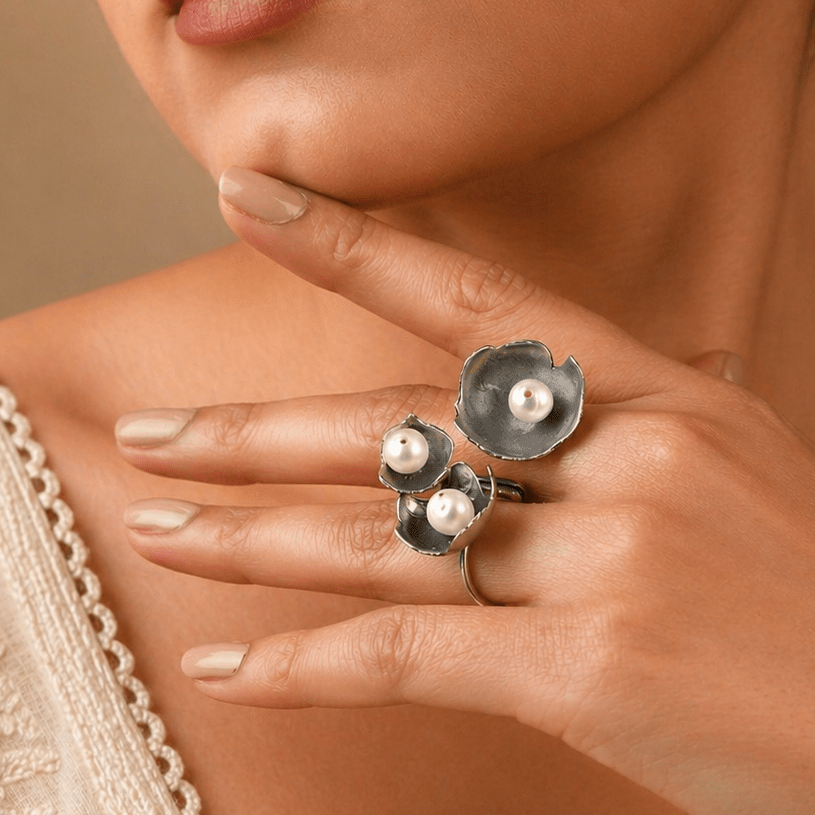 Seap SIlver Ring with Pearl - 925 Silver Jewellery Meera Jaipur
