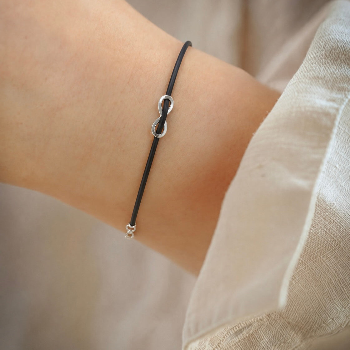 Silver Infinity Black Cord Bracelet 925 sterling silver meera jaipur
