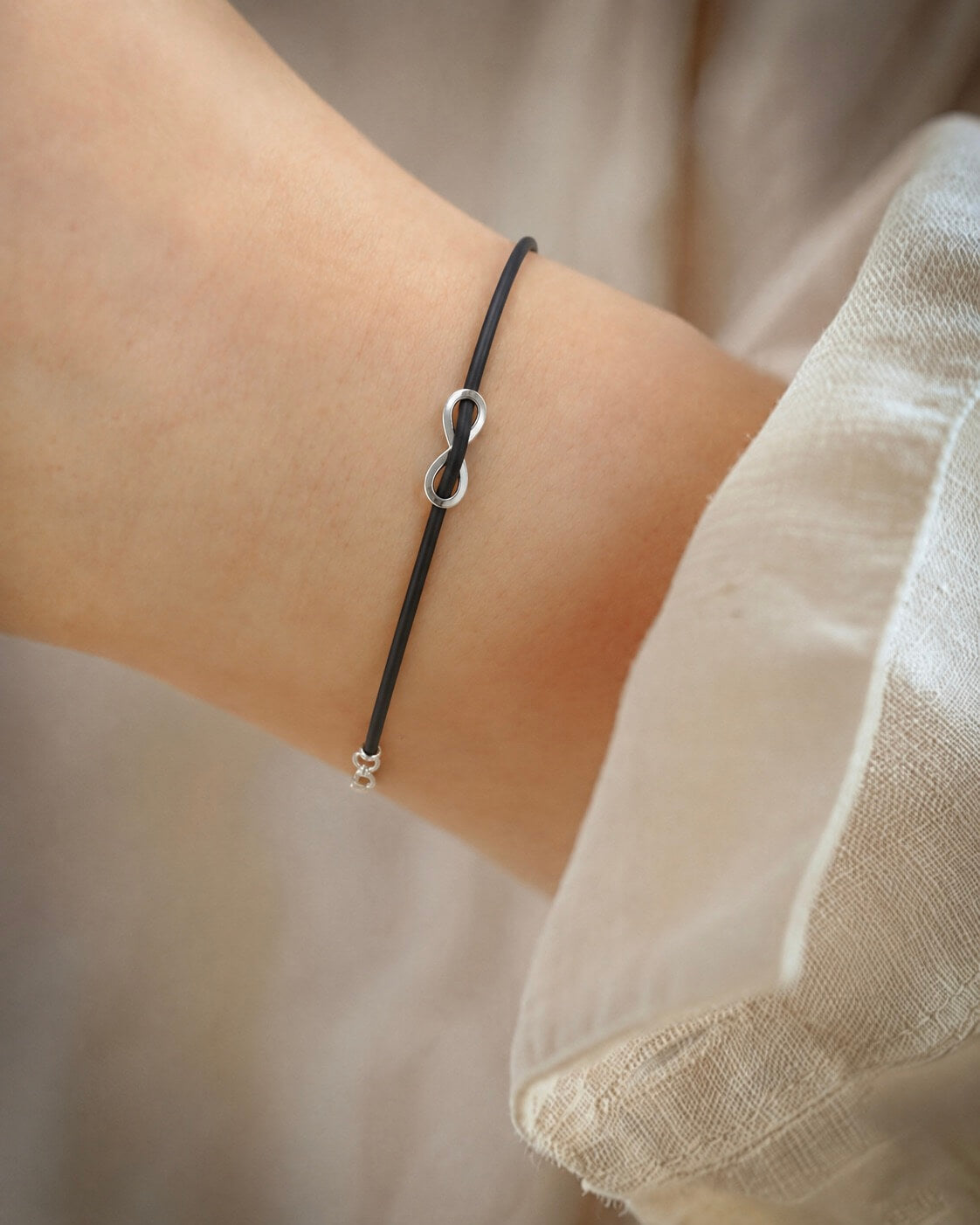 Silver Infinity Black Cord Bracelet 925 sterling silver meera jaipur