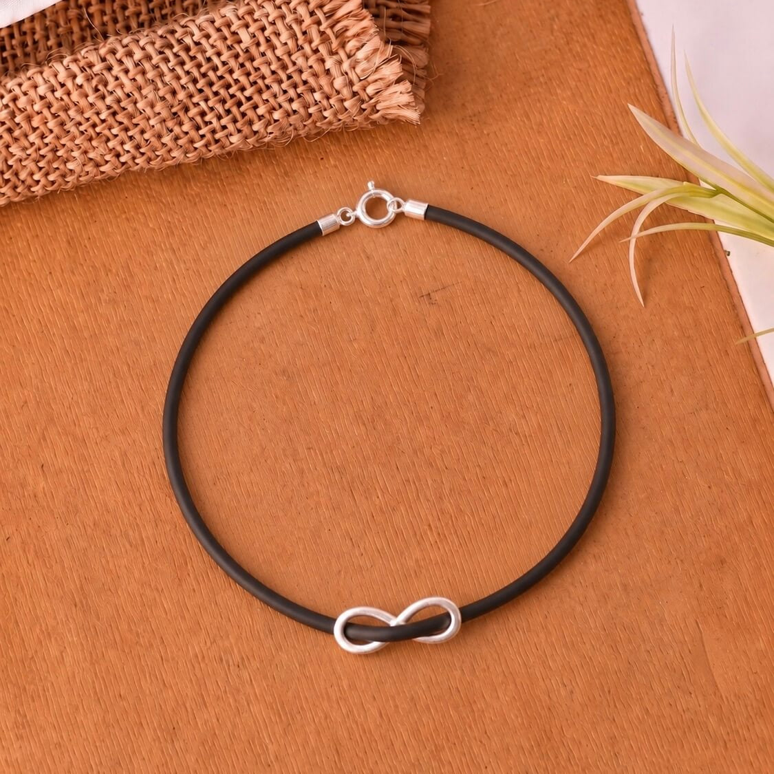 Silver Infinity Black Cord Bracelet 925 sterling silver meera jaipur