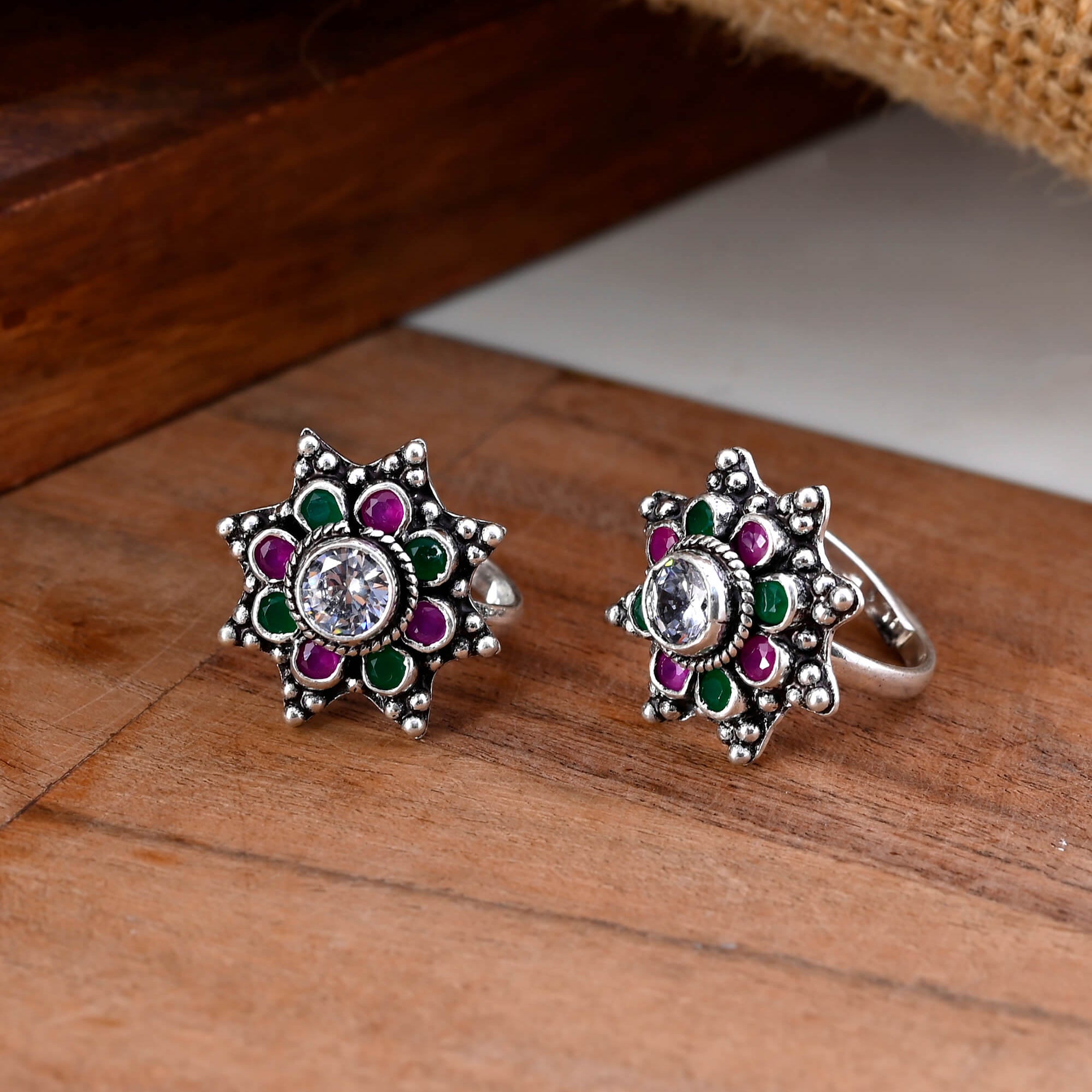 Tribal cut stone silver toe ring - 925 Silver Jewellery Meera Jaipur