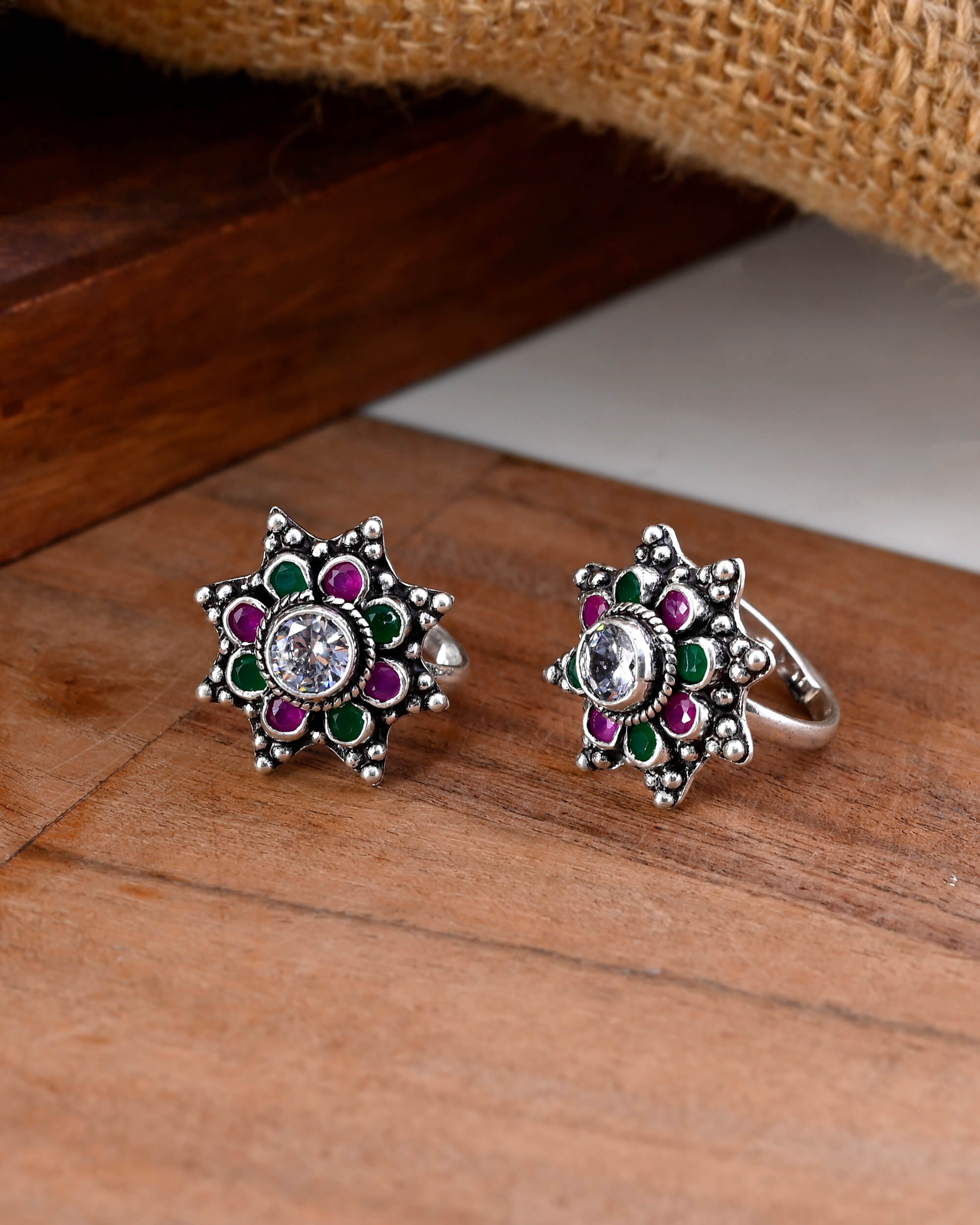 Tribal cut stone silver toe ring - 925 Silver Jewellery Meera Jaipur