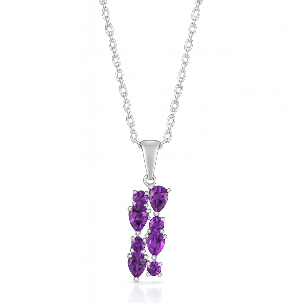 Silver necklace with a purple gemstone pendant on a white background